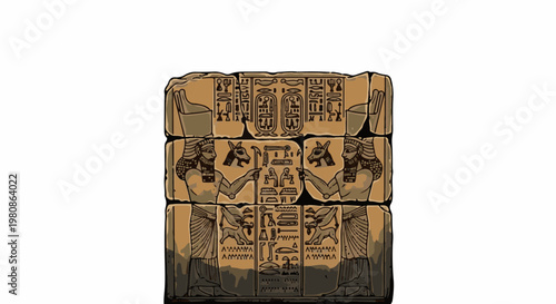 Ancient stone relief with figures, hieroglyphs, and animalistic imagery