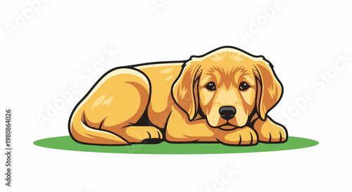 Adorable golden retriever puppy with floppy ears and soulful eyes rests on grass