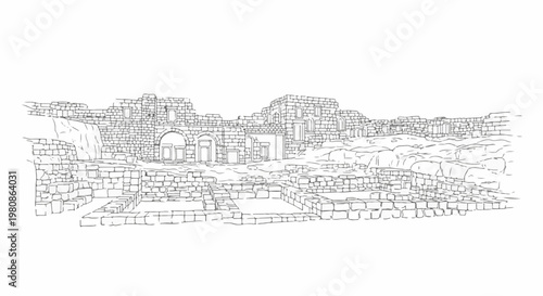 Ancient stone ruins, a stark, detailed architectural sketch under a blank sky