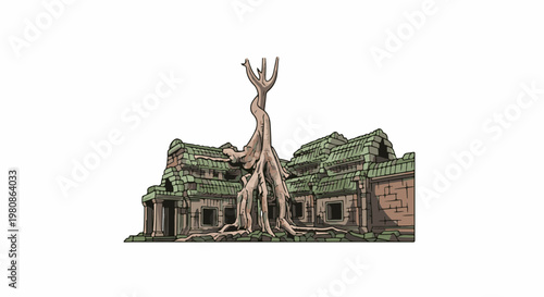 Ancient stone ruins overtaken by a massive, gnarled tree with sprawling roots