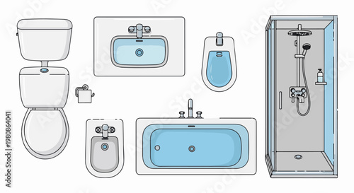 Assortment of bathroom fixtures toilet, sink, bidet, bathtub, and shower