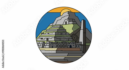 Ancient stone ruins sit on a mountainside beneath a bright sun