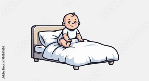 Adorable infant in a white bodysuit sits on a bed with white bedding