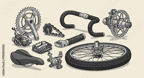 Assortment of bicycle components arranged on a light-colored background