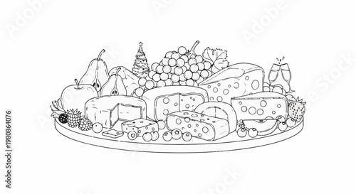 Assortment of cheeses, fruits, and berries on a platter with holiday tree