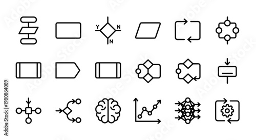 Algorithm flow logic diagram icons set in clean outline style with process arrows decision blocks charts neural network symbols isolated concept of minimal programming design
