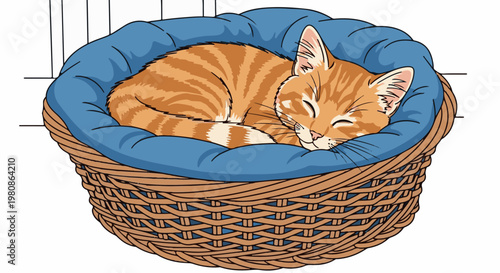 Adorable orange tabby kitten peacefully sleeping curled up in a cozy basket