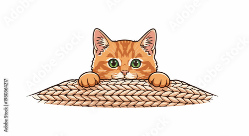 Adorable ginger kitten with green eyes peeking over woven texture