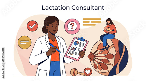 Lactation Consultant Concept Illustration showing a Healthcare Professional Supporting a Mother with Breastfeeding Advice and Medical Guidance