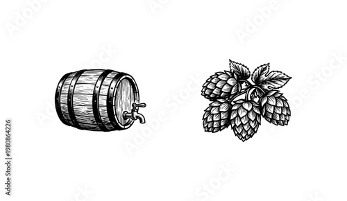 Craft Beer Elements and Seafood Gastronomy with Hand-Drawn Inky Doodle and Detailed Sketchy Textures