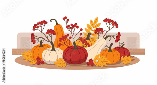 Assortment of colorful pumpkins and berries arranged for autumn display