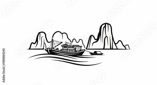 Black and white illustration of a boat on water near karst formations