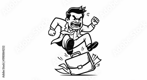 Angry businessman stomping on briefcase with papers flying