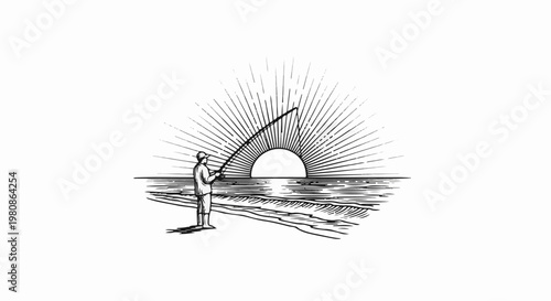 Angler with rod faces sunrise over sea, rays fan out