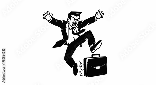 Angry businessman stomping on briefcase with rage and frustration