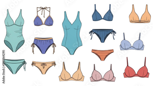 Vector illustration of various swimsuits and lingerie items in different colors and styles