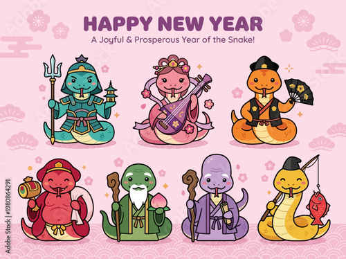 2025 Japanese New Year Illustration of the Seven Lucky Gods as Cute Snakes, Shichifukujin Cartoon Characters for Year of the Snake Prosperity and Good Fortune