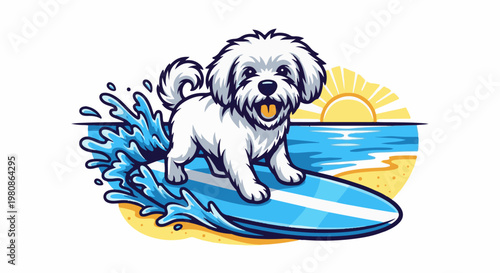 Adorable white dog surfs a wave at sunrise
