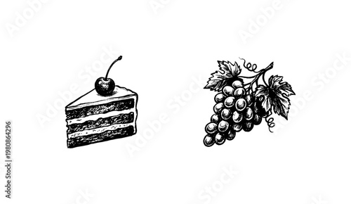 Food and Kitchen Ingredients for Menu Design with Fluid Engraving Style and Hand-Drawn Sketchy Style.