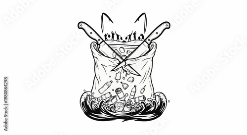 Animal-shaped trash bag spilling waste into ocean waves with knives