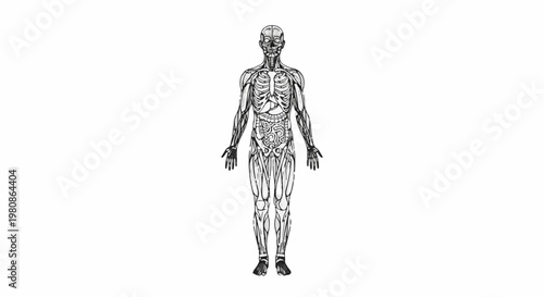 Black and white illustration of a human anatomy, showing skeleton, muscles, and organs