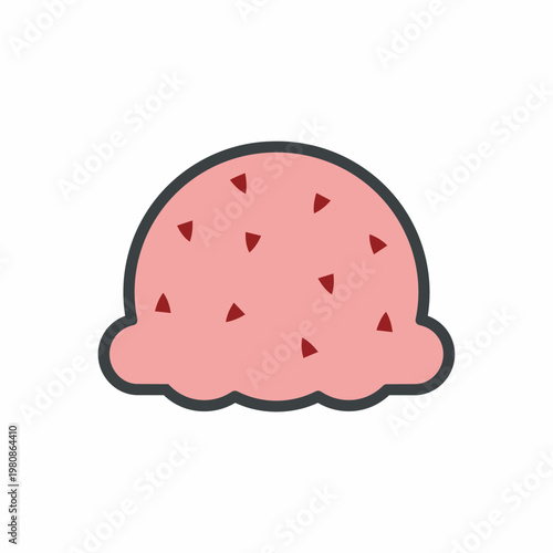 Scoop of pink ice cream with red pieces in waffle cone or cup for dessert refreshment.