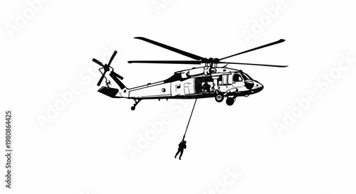 Black and white illustration of a helicopter hovering with a person suspended