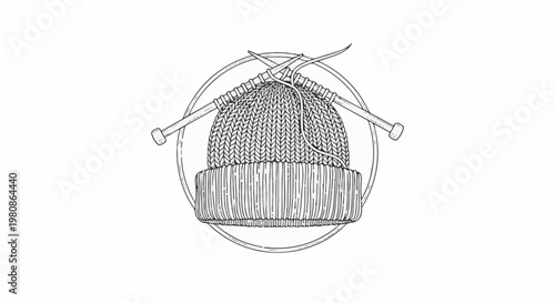 Black and white illustration of a knitted beanie with knitting needles in a circular frame