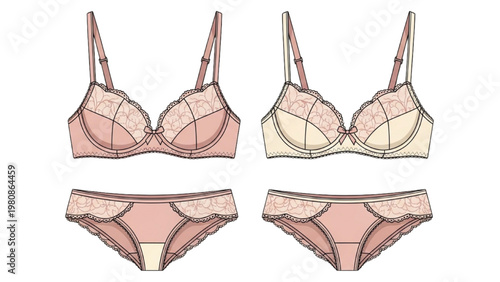 Vector CAD lingerie set with pink and beige underwear designs