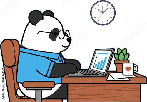 Panda Working on Laptop in Office Cartoon Character Illustration