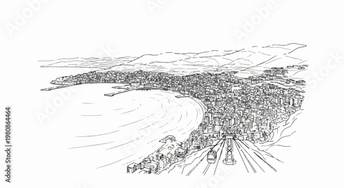 Aerial sketch of a densely populated coastal city with a curved bay and distant mountains