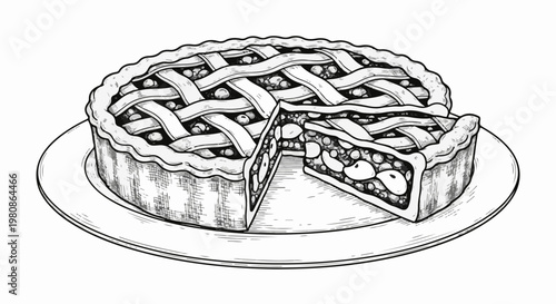 Black and white illustration of a lattice-top pie with a slice removed