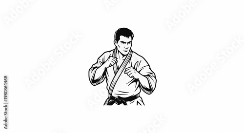 Black and white illustration of a man in a martial arts uniform