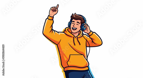 Animated male in orange hoodie listening to music with headphones, smiling