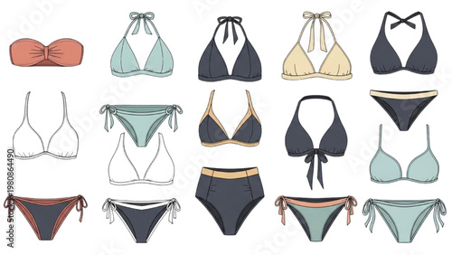 Vector CAD illustration of various swimsuits on display
