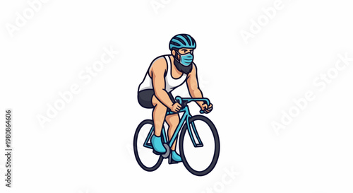 Bearded man in mask and helmet cycles a turquoise bike on a white background