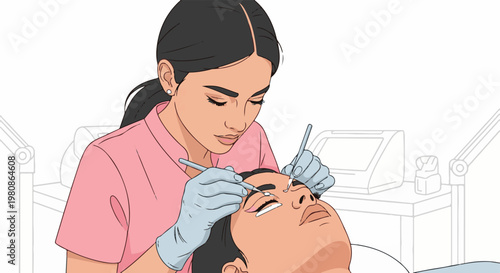 Beautician applying eyelash extensions with precision tools