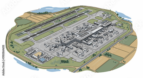 Aerial view of a bustling international airport with many airplanes parked at gates