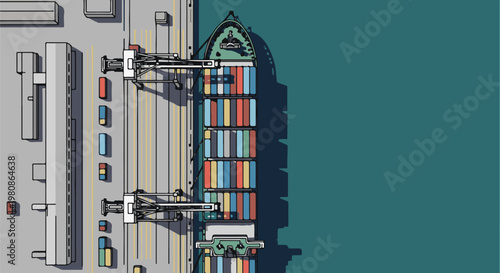 Aerial view of a busy cargo port with a large ship loading containers