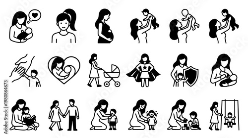 Motherhood and Parenting Icons Set - Black Silhouette Pictograms of Mother and Child, Pregnancy, Newborn Care, and Family Life Activities