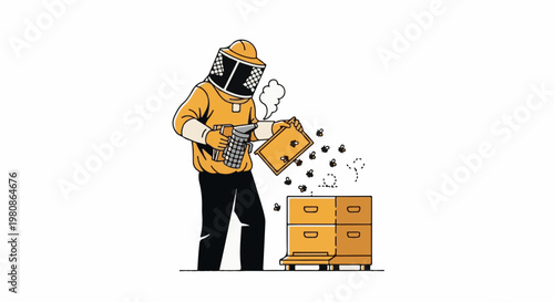 Beekeeper in protective gear uses smoker near beehive with buzzing insects