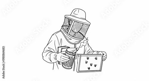 Beekeeper in protective suit inspects a frame of bees using a smoker