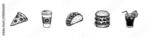 Fast Food and Cafe Beverage Menu Elements with Hand-Drawn Inky Brush Strokes and Sketchy Sketchy Texture