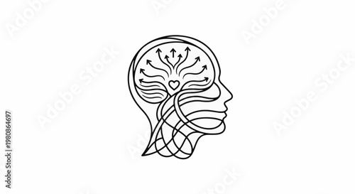 Abstract line art depicts a human head silhouette with a heart and arrows inside