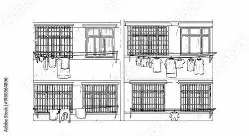 Apartment building windows with laundry hanging on clotheslines