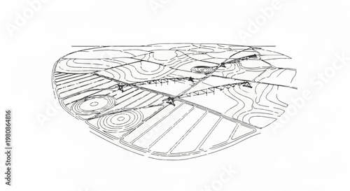 Abstract line drawing of a conceptual landscape with contour lines and structured areas
