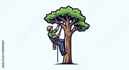 Arborist climbing a tree with ropes and tools