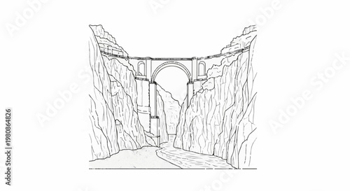 Arch bridge spans a rocky canyon with a winding river below