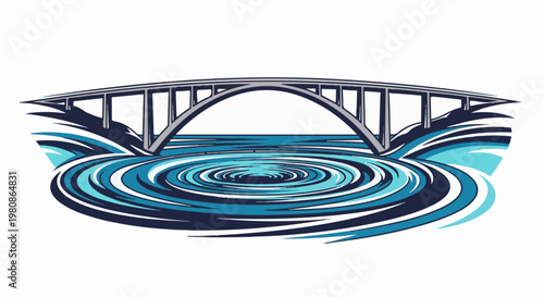 Arch bridge spans turbulent blue water with a whirlpool effect