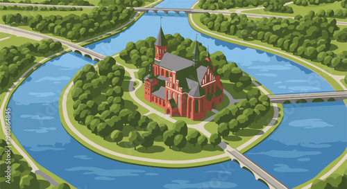 Aerial view of a large red brick building on a river island surrounded by trees